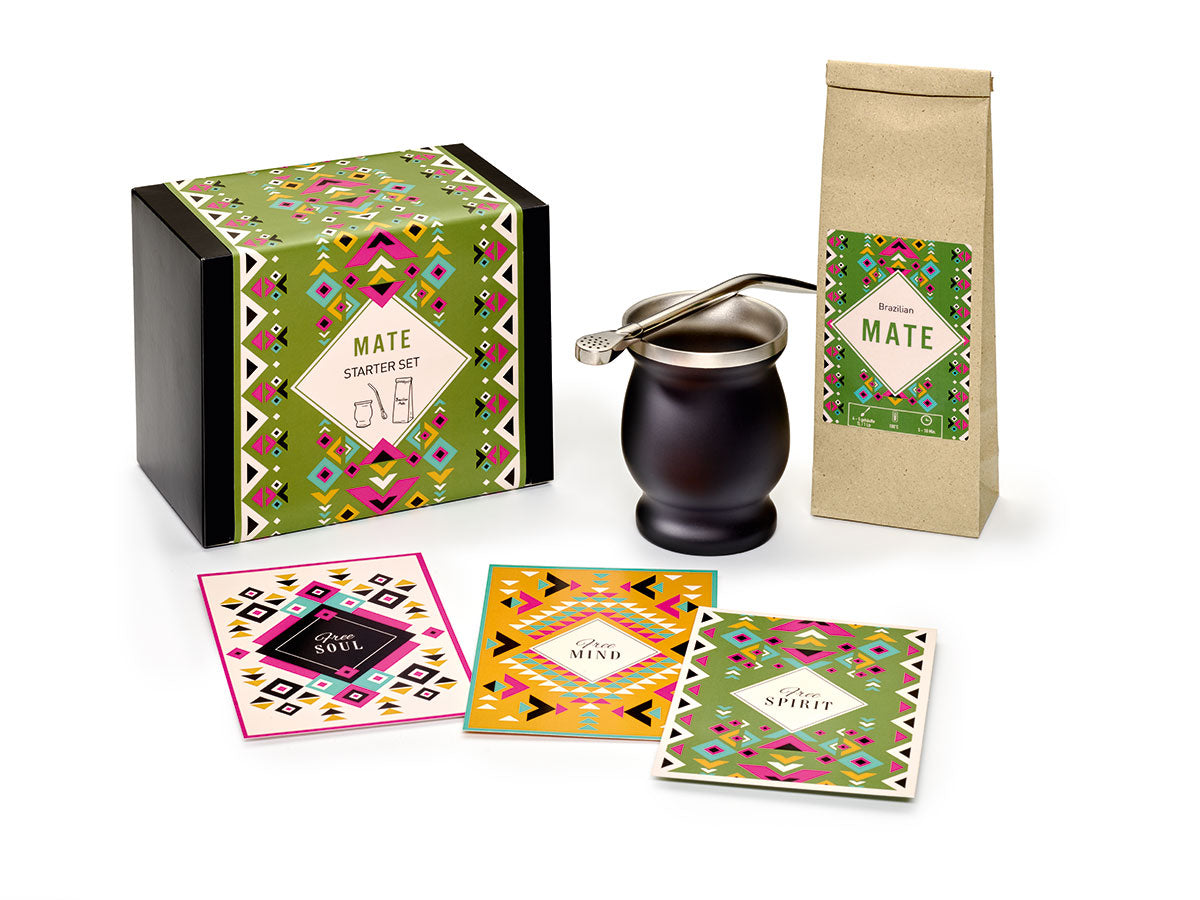 Coffret Cadeau "Mate Starter Set" Calebasse, Bombilla, 150g Thé Mate avec 3 cartes